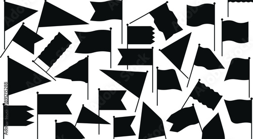 Set of black silhouetted flags and pennants isolated on white background, abstract vector collection for design, branding, and decoration