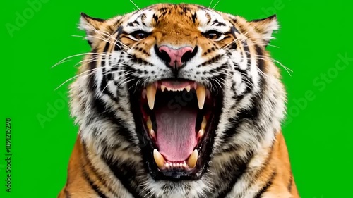 Powerful tiger roaring with an open mouth, sharp teeth exposed, showcasing fierce aggression on a bright green screen, ideal for visual effects and compositing