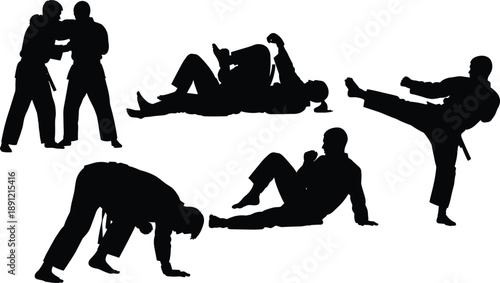 Martial arts silhouettes set, self defense combat poses, karate and judo fighters, training techniques, isolated black figures action illustration
