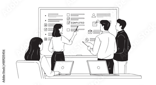 Business team brainstorming and planning with whiteboard and laptops in modern office setting