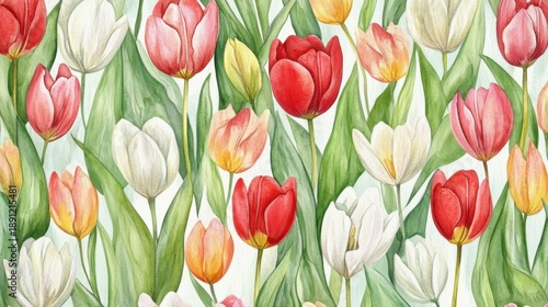 Vibrant watercolor tulips bloom in a seamless pattern design, perfect for spring