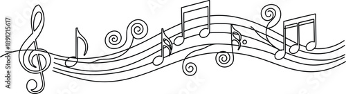 Music notes line art illustration, flowing melody with treble clef, abstract sound wave design, minimal black outline graphic for stock