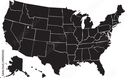 Black and white map of the United States with state borders outlined 1