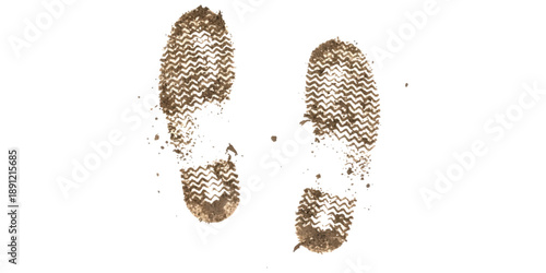 Two muddy footprints of a boot showing detailed tread isolated on a white background