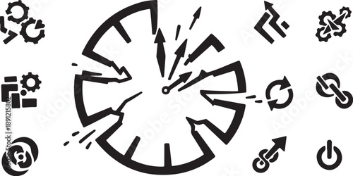 Black and white icons of business workflow disruption concept