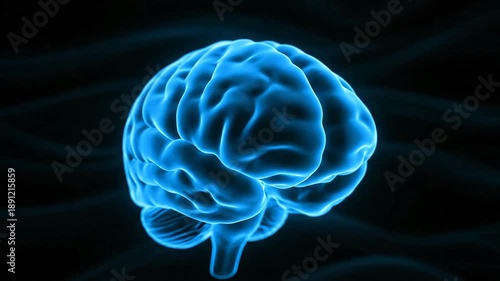 Glowing blue brain depicted over black background with waves