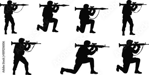 Soldier silhouettes with rocket launcher, military combat poses, armed forces training, tactical defense concept, isolated black figures action illustration