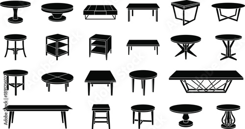 Collection of diverse black silhouette table icons featuring round, square, and rectangular designs with unique legs, frames, shelving, and drawers