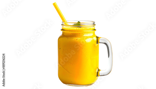 Wallpaper Mural Bright yellow beverage in a glass jar, with a handle, straw, and a small garnish Torontodigital.ca