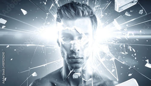 Man's face fragmented by shards, overlaid with an exploding light