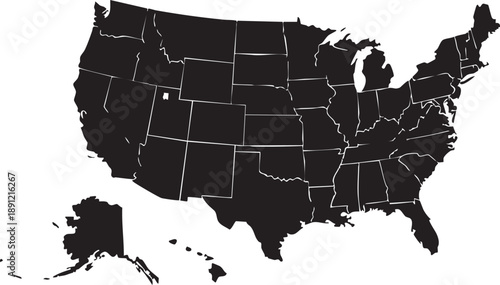 Black and white outline map of the United States with one state highlighted in white