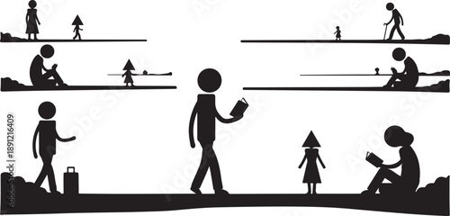 Silhouette of people walking and sitting in various scenes