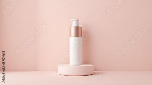 Wallpaper Mural A white cosmetic bottle with a gold cap on a round pedestal in a minimalist pastel setting. Torontodigital.ca