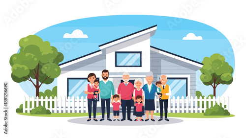 Large and happy multi-generational family stands together in front of their modern suburban home on a bright sunny day.