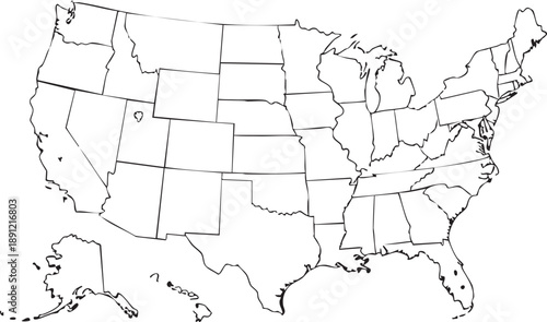 Outline map of the United States with state borders in black and white