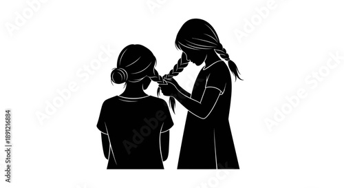 Two women silhouetted against a white background, one braiding the other's hair.