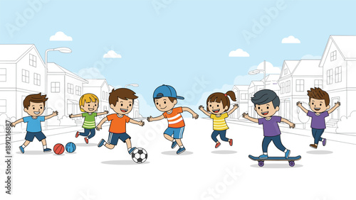 Group of happy diverse children plays together in a safe residential neighborhood street with houses and green trees.