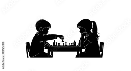 Silhouette of a boy and girl playing chess together.