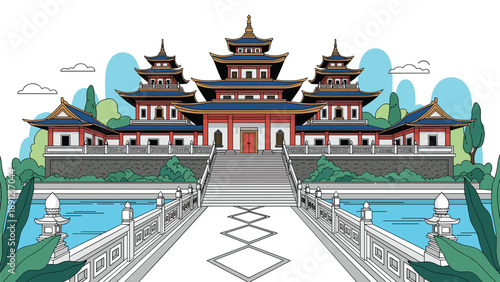 Majestic traditional Asian temple with intricate architecture stands peacefully surrounded by a garden and a clear blue lake.