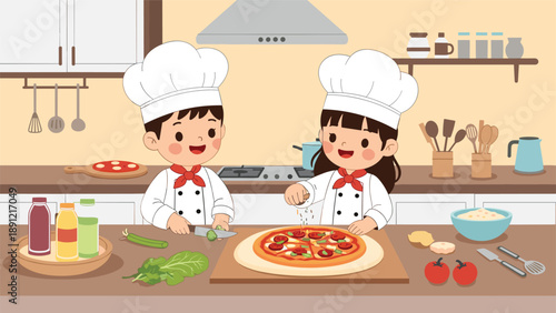 Two cute little chefs in white hats and uniforms enjoy making a delicious homemade pepperoni pizza together in the kitchen.