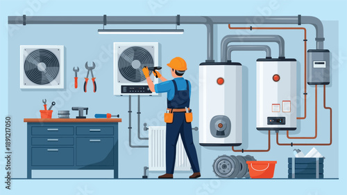 Skilled technician wearing a hard hat and overalls works on repairing a modern heating and ventilation system in a workshop.