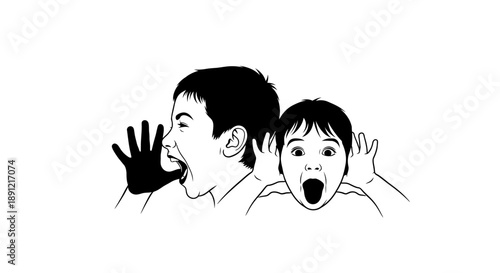 Illustration of two boys yelling and listening with their hands.