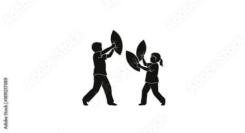 Silhouette of children having a pillow fight, isolated on white background.