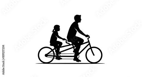 Silhouette of father and daughter riding a tandem bicycle together.