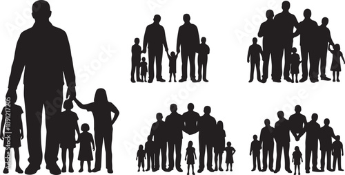 Silhouettes of happy families and parents with children together