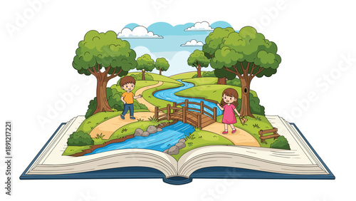 Enchanting pop-up book reveals a three dimensional nature scene with children exploring a path near a bridge and a river.