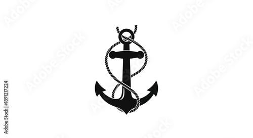 Black and white vector illustration of an anchor with rope.
