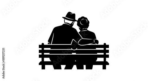 Elderly couple sitting on a bench in silhouette vector illustration.