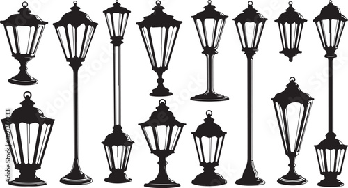 Collection of various black street lamps on white background