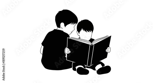 Two young children are reading a book together in black and white.