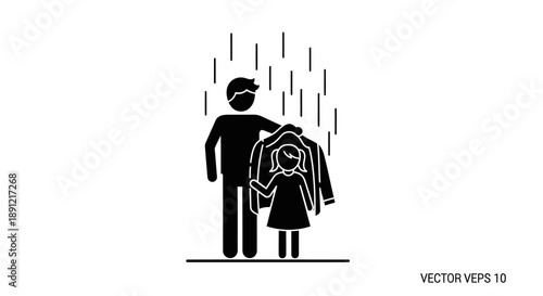 A father protects his daughter from the rain with a jacket in a simple illustration.