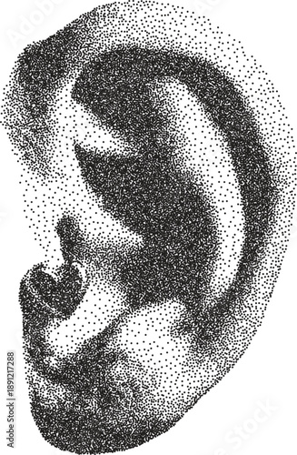 Ear vintage y2k stipple art, listen halftone stipple brutalist retro vector png with transparent background, sound 2000s aesthetic photocopy effect tattoo