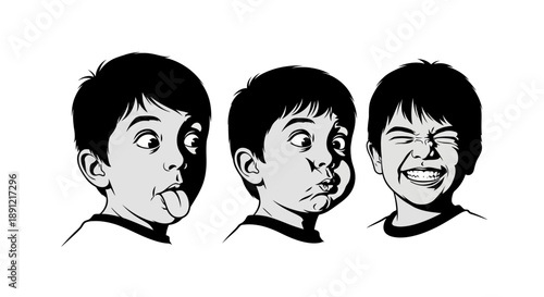 Illustrative depiction of a young boy making funny faces in black and white.