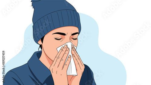 Young woman wearing a warm beanie hat is sneezing into a white tissue while suffering from a common cold or seasonal flu.