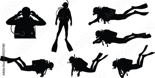 Set of scuba diver silhouettes in black showing underwater swimming poses for diving illustration, marine sports graphics, and vector design use