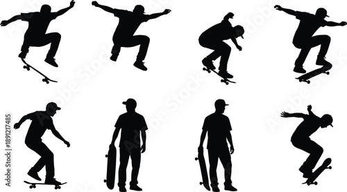 Set of skateboarder silhouettes in black showing jumping tricks and riding poses for street sport illustration, youth culture graphics, and vector design