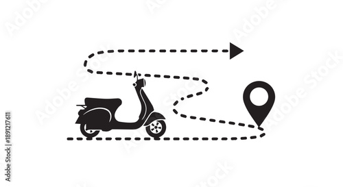 Scooter riding along a winding road to a destination marker on a map