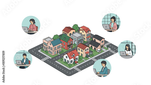Conceptual isometric illustration shows diverse professionals working from their homes in a suburban neighborhood connected by technology.