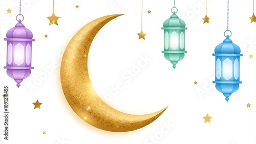 Golden crescent moon and lanterns illustration for festive greetings