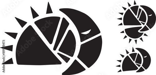 Black and white broken sun and moon icons set