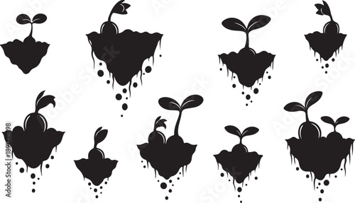 Black silhouettes of growing seedlings and soil on white
