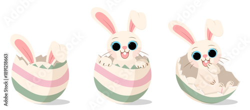 Cute White Bunny Hatching from Easter Eggshell Collection, Vector Illustration of Rabbit Character Peeking Out of Cracked Egg, Spring Holiday Mascot Set Isolated