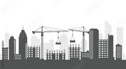 Silhouette of urban skyline development with heavy construction cranes building highrises