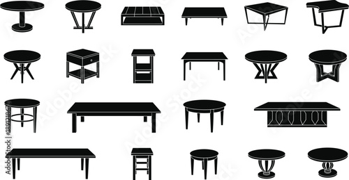 Collection of twenty diverse black silhouette table illustrations showing round, square, rectangular designs with unique legs, bases, frames, and shelving features