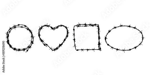 Barbed wire shapes collection with heart, square, circle, and oval frames
