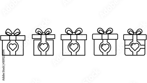 A series of gift boxes with hearts on a transparent background, viewed from directly above